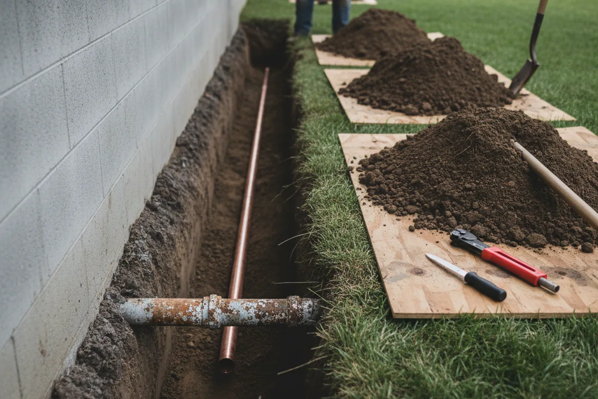 Excavated water line trench during Water Softener Installation in San Lorenzo